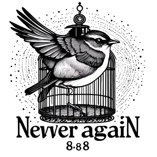 a simple robin flying out of its cage and the dates 8/8 are drawn above the words never again  tattoo design idea