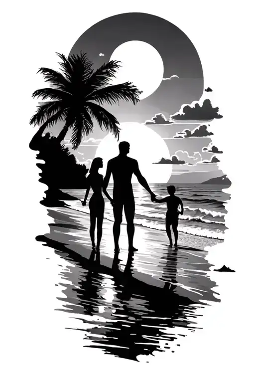 "Para Siempre" sunset beach scheme black sillhouete.  Girl, Man, Boy holding hands. tattoo design idea