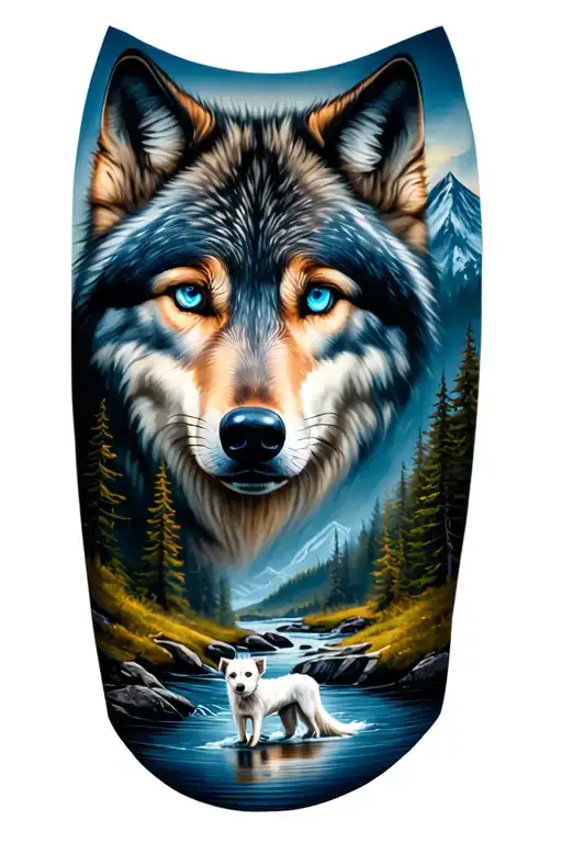 wolf blue eyes forest landscape with a river Running and a smalle white dog at the bottom of the river tattoo design idea