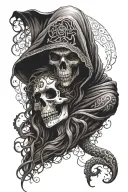 hooded skull reaper holding beautiful medusa woman by her chin and almost kissing her. both facing each other  tattoo design idea