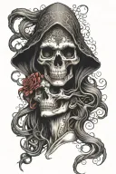 hooded skull reaper holding beautiful medusa woman by her chin and almost kissing her. both facing each other  tattoo design idea
