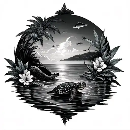 island and moana and flowers and fish and turtles tattoo design idea