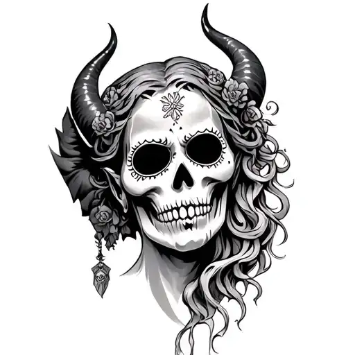 Santa Muerte whispering devil behind ear tattoo design idea