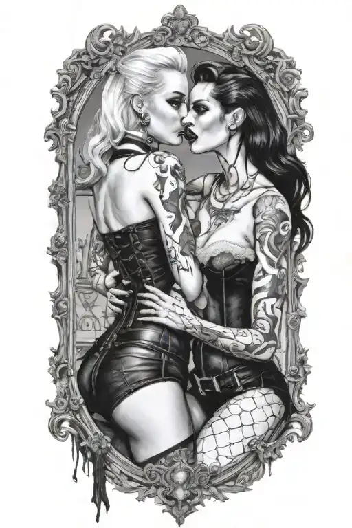 realistic scene of a gothic pinup girl waering corset and fishnets being bitten by a scary male vampire tattoo design idea