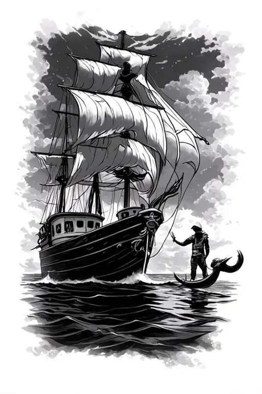 sailor leaning off boat towards siren tattoo design idea