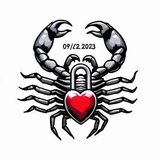 "09/02/2023" scorpion with a heart shaped lock tattoo design idea