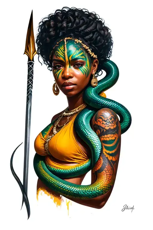 African woman war paint with cobra around arm spear  tattoo design idea