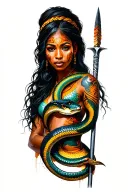 African woman war paint with cobra around arm spear  tattoo design idea