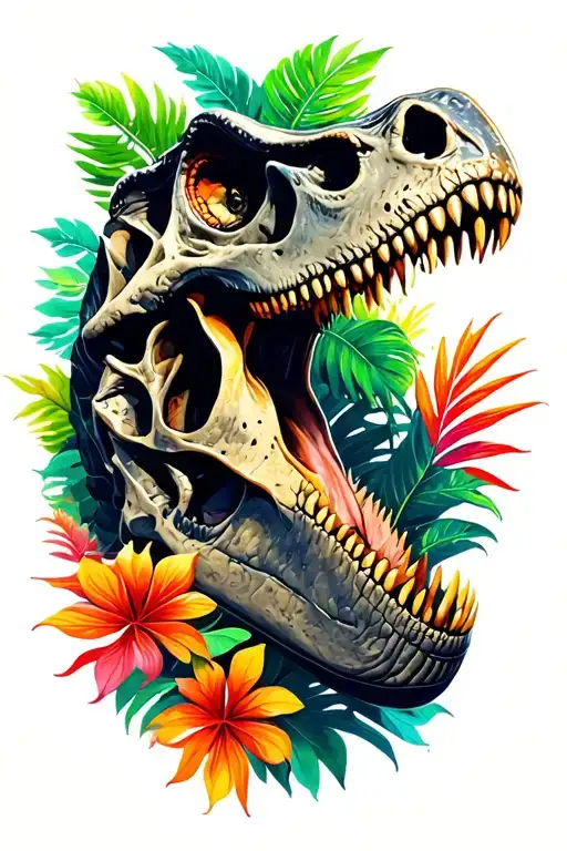 tyrannosaurus rex skull head side profile with tropical colourful foliage  tattoo design idea