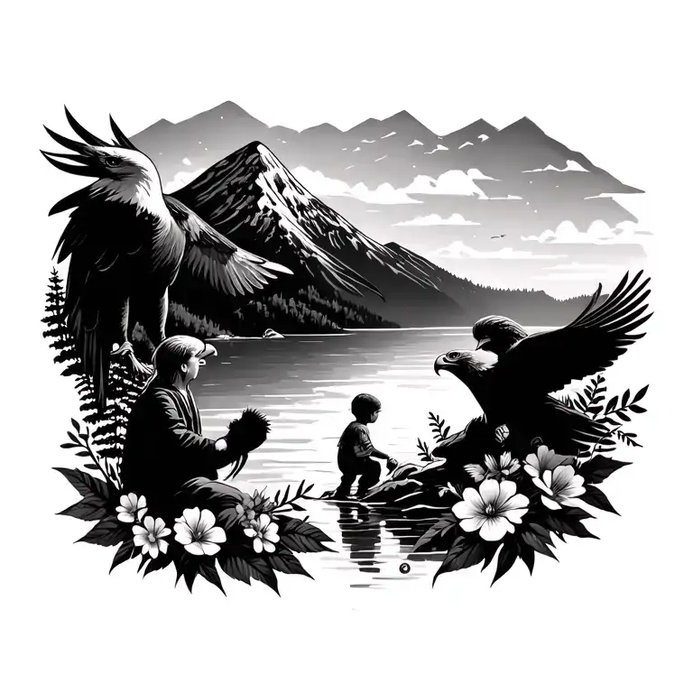 Mountains, eagles, flowers, child plays in the river, grandma and grandpa tattoo design idea