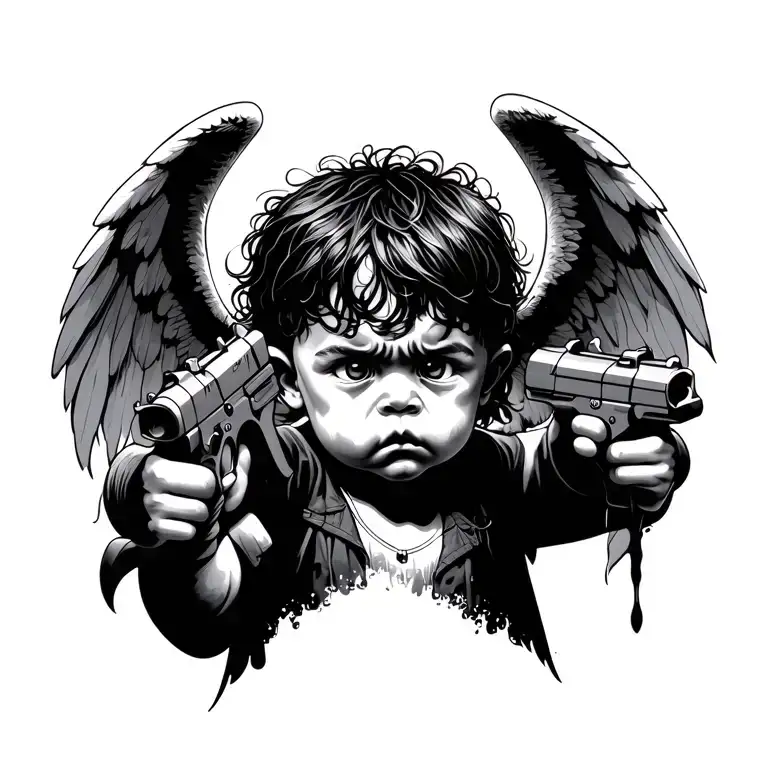 Black and grey tattoo of an evil baby angel with sad expression, messy dark hair, holding two realistic pistols pointed  tattoo design idea
