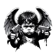Black and grey tattoo of an evil baby angel with sad expression, messy dark hair, holding two realistic pistols pointed  tattoo design idea
