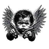 Black and grey tattoo of an evil baby angel with sad expression, messy dark hair, holding two realistic pistols pointed  tattoo design idea