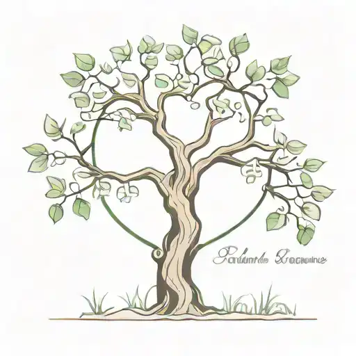 A minimalist tattoo of a heart-shaped tree with the names Lola, Mathis, and Jérôme carved into the bark, symbolizing the client's love for their favorite things tattoo design idea