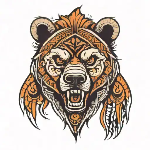 Intense tribal bear face morphing tattoo design idea
