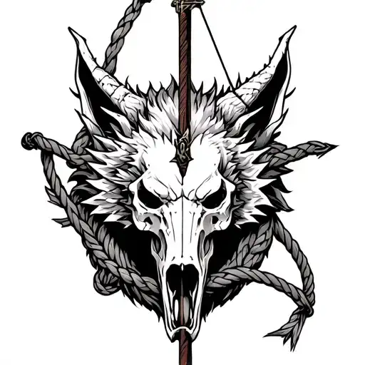 cross bow, granade, rope trap, wolf skull, dragon skull tattoo design idea