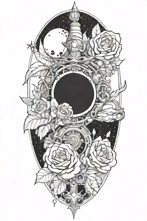Microrealism tattoo with space themes and maybe rose or thorned vine elements. Partial arm sleeve. Cross in middle of in tattoo design idea