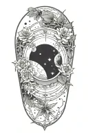 Microrealism tattoo with space themes and maybe rose or thorned vine elements. Partial arm sleeve. Cross in middle of in tattoo design idea