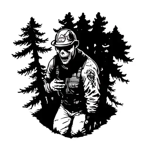 A coniferous forest with a scarry worker who has a burning heart and a dirty face tattoo design idea
