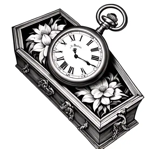 pocketwatch sitting on a coffin lillacs around watch tattoo design idea