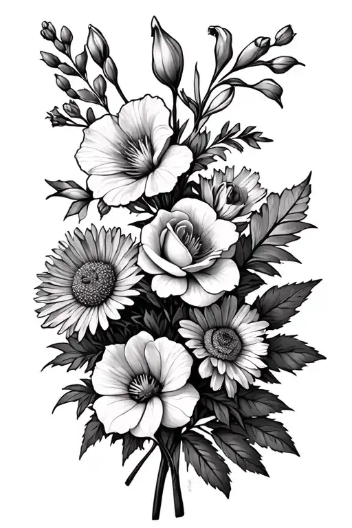 hawthorn flower, rose flower, gladiolus flower and aster flower bouquet tattoo design idea