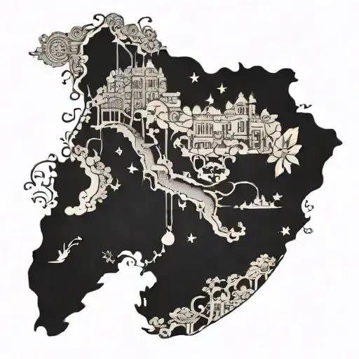 A blackwork tattoo of a vintage map of Venice with intricate floral details intertwined throughout tattoo design idea