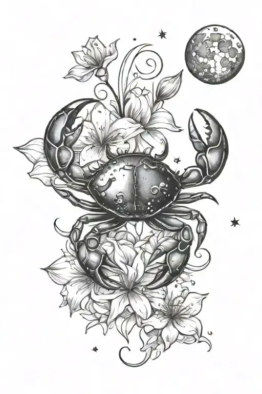 A tattoo design that includes the symbols of the Cancer zodiac sign: a crab, the moon, water, stars, and a lily flower.  tattoo design idea