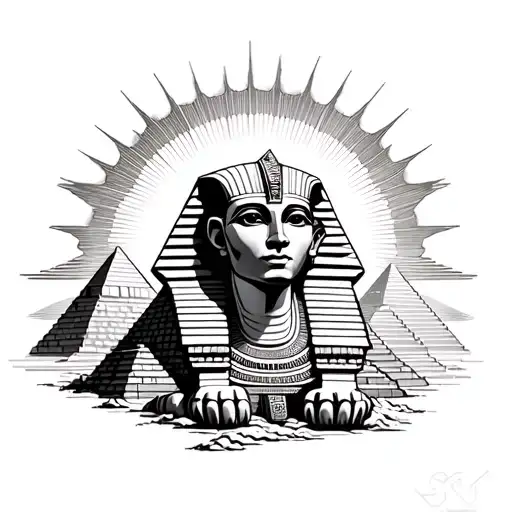 sphinx with pyramids, clouds, sun ray tattoo design idea