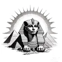 sphinx with pyramids, clouds, sun ray tattoo design idea