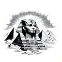 sphinx with pyramids, clouds, sun ray tattoo design idea
