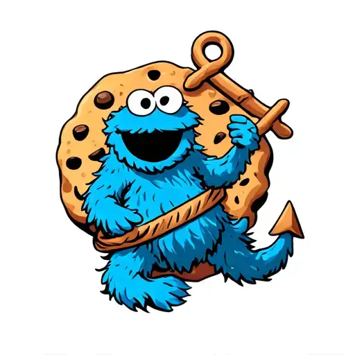 Cookie Monster wrapped with an anchor intertwined representing tattoo design idea