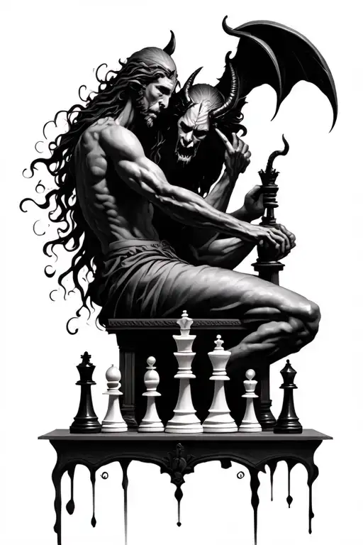 god and devil playing chess tattoo design idea