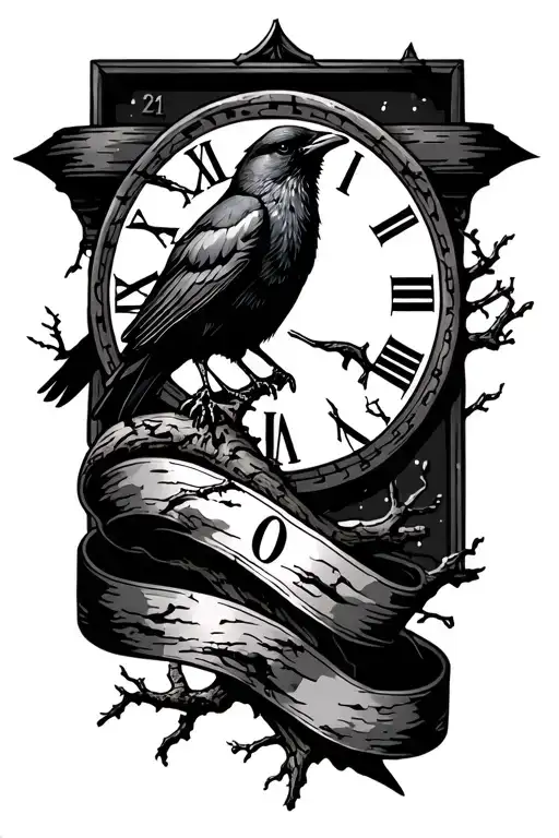 night sky filler, crows, tree branch, time, ribbon tattoo design idea