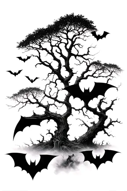 Long leafless tree surrounded by fog and bats tattoo design idea