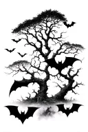 Long leafless tree surrounded by fog and bats tattoo design idea