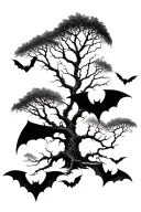 Long leafless tree surrounded by fog and bats tattoo design idea