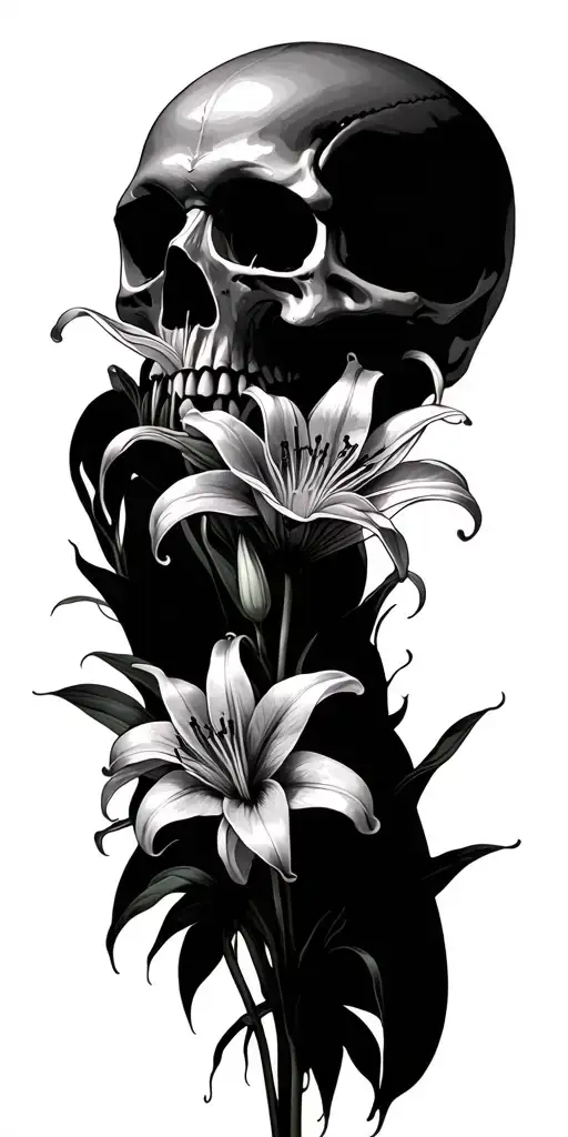 spider lilies blooming from skull tattoo design idea