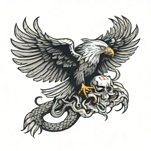 Eagle on top of skull fighting a snake slithering tattoo design idea
