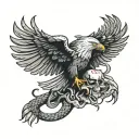 Eagle on top of skull fighting a snake slithering tattoo design idea