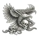 Eagle on top of skull fighting a snake slithering tattoo design idea