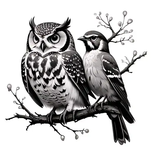 a lark and and an owl perched tattoo design idea