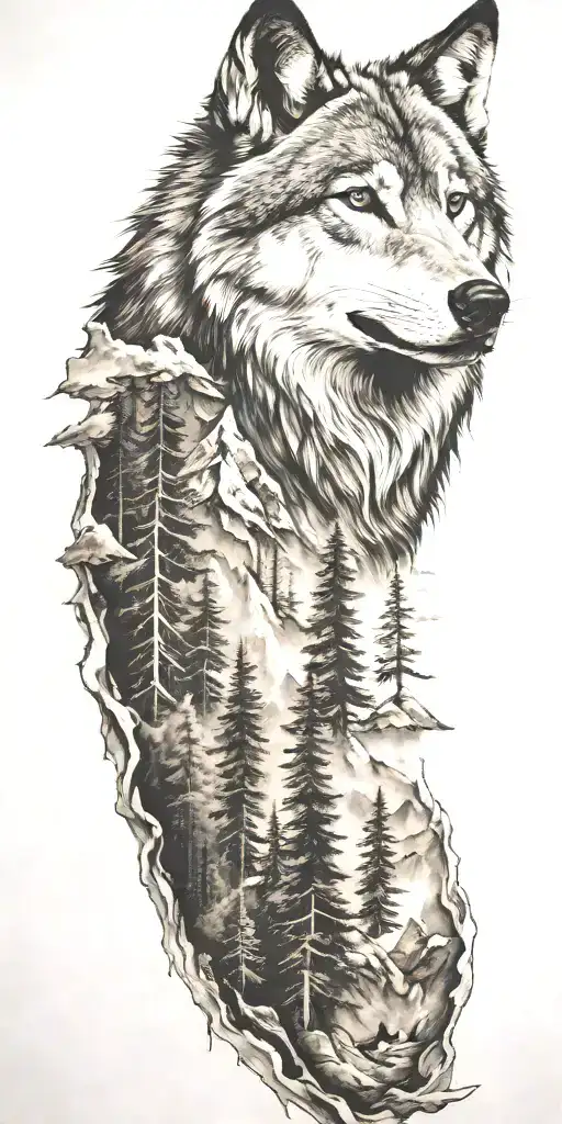 wolf and  mountains and trees tattoo design idea