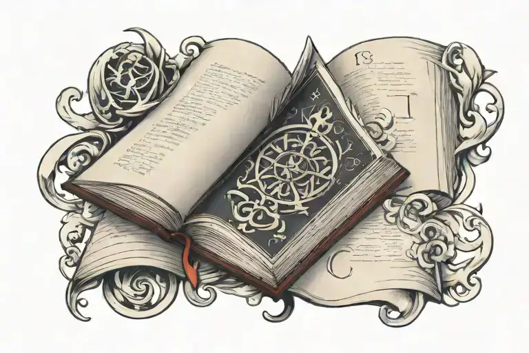 A traditional style tattoo of an open book with ancient symbols of wisdom flowing out of its pages tattoo design idea