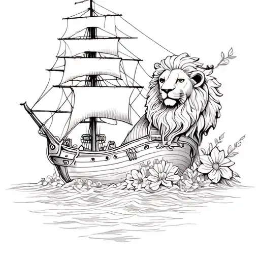 pirate ship lion and flowers growing tattoo design idea