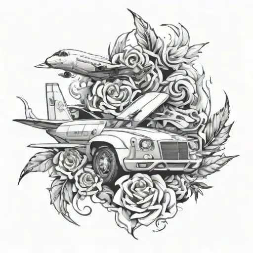 Airbus, car, money, fire, thorn, rose intertwined tattoo design idea