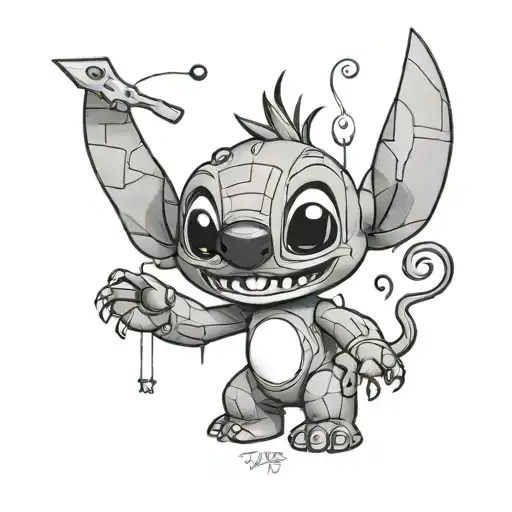 stitch from lilo and stitch, mixed with jigsaw from saw movie tattoo design idea