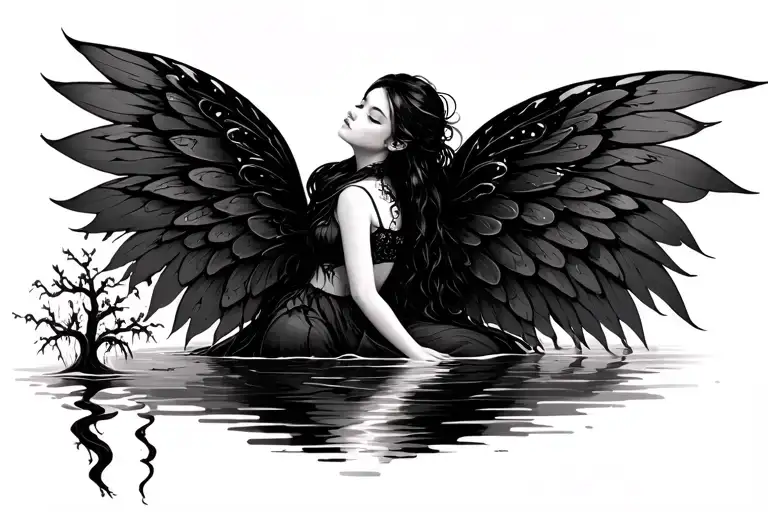 gothic fairy large wings, eyes closed, flowing trees, water  tattoo design idea