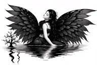 gothic fairy large wings, eyes closed, flowing trees, water  tattoo design idea