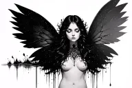 gothic fairy large wings, eyes closed, flowing trees, water  tattoo design idea