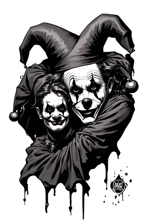 Dark court jester holding the ripped off head of a clown tattoo design idea